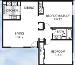 2BR/1BA floor plan